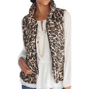 White House Black Market Leopard Print Quilted Puffer Vest Women's Size L